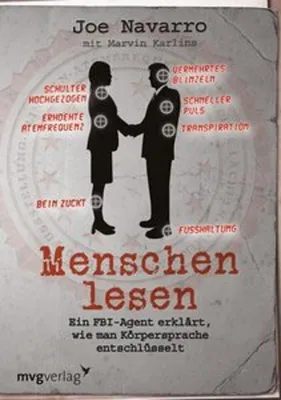 Book cover with silhouettes of two people shaking hands, with annotations pointing to body language cues.