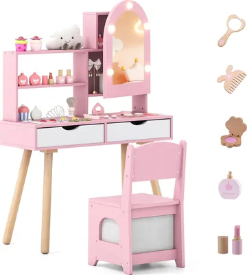 Produktbild von Kinderschminktisch-Set mit 3-farbigem LED-Spiegel, Rosa