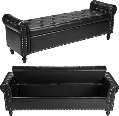 Image de Banc en cuirPolyuréthaneOttomane (46 x 166 x 56 cm) avec pieds en bois & espace de rangement - banc pour chaussures avec boutons et accoudoirs roulés - capacité de charge de 300 kg's Banc de lit Banc de chambre à coucher Salon, noir