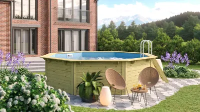 Produktbild von CHILLROI | Achteckiger Massivholzpool, 427,5 x 427,5 x 124 cm, Modell 1 X Folie blau | Inkl. Zubehör und Pool Leitern