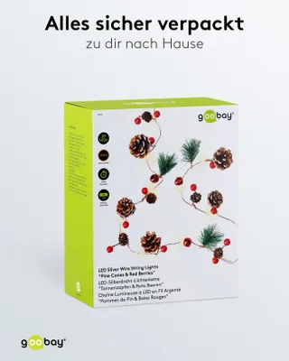 Produktbild von goobay 20er LED Silberdraht-Lichterkette Tannenzapfen Beeren Timer Warmweiß