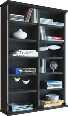 Immagine prodotto di Scaffale/espositore CD DVD in legno | Espositore con 2 porte in vetro di sicurezza ESG. | Dimensioni: H. 92 x W. 60 x D. 18 cm | 10 mensole variabili - Zuntisa