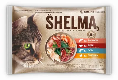 Zdjęcie produktu dla Mokra karma dla kota SHELMA łosoś,dorsz,wołowina,kurczak saszetki 4x85g