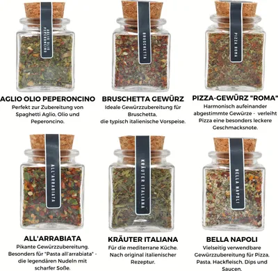 Produktbild von KRAUTBERGER® Italien Geschenkbox Bella Italia – 6 italienische Kräuter & Gewürzmischungen inkl. Rezepten – für Italien-Fans & Hobbyköche
