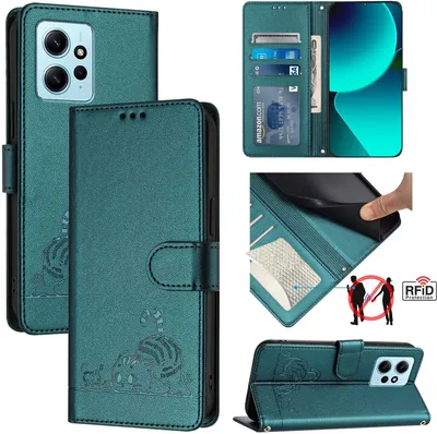 Obrázek produktu pro Kožené pouzdro pro Xiaomi Redmi Note 12 4G, sladká kočka Flip pouzdro s funkcí stojánku a peněženkou zelené