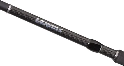 A close-up shot of a fishing rod handle with the brand name visible.