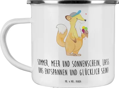 Produktbild von Mr. & Mrs. Panda Teetasse Sommer Meer Strand - Weiß - Geschenk, Jahreszeiten, Handgefertigte Produkte, Teebecher, Campingbecher, Haferl, Pott, Urlaub Am, Emaille Tasse