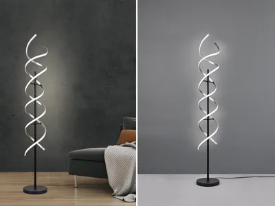 A split image showing a modern LED floor lamp with a spiral design in two different room settings.
