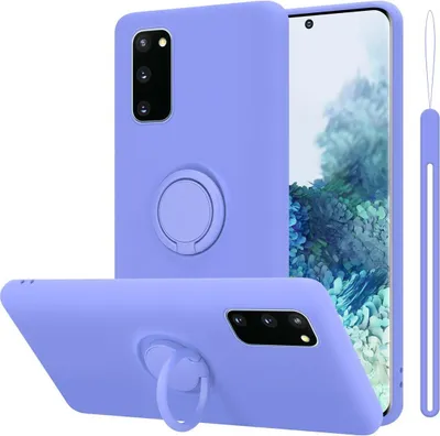A purple phone case with a ring holder is displayed from multiple angles against a white background.
