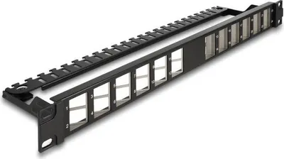 Produktbild von Delock 19 Zoll Keystone Patchpanel 24 Port gewinkelt mit Entlastungsschiene schwarz