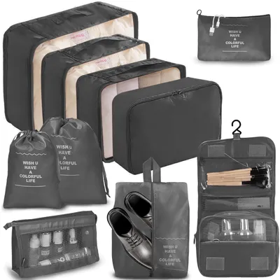 Produktbild von 10-teiliges Set Packwürfel, Wasserdichter Koffer Organizer mit Schuh- & Kosmetiktasche, Praktische Packhilfe für Reise, Business und Freizeit（Schwarz）