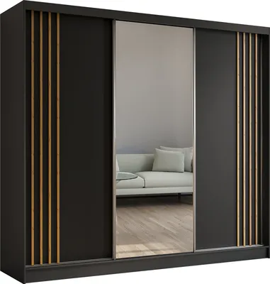 Produktbild von Masseno Schiebetürenschrank NELVIA 240 cm Kleiderschrank mit 4 Schubladen Schlafzimmer Schrank 3-türig mit Spiegel und Lamellen Schwarz