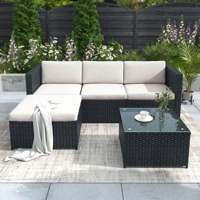 Produktbild von Polyrattan Eckbank mit Sitzkissen und Glasplatte