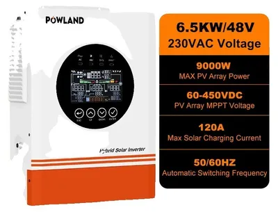 Produktbild von Hybrid-Solarwechselrichter, 6500W, 540x390x210mm, Spitzenleistung 12kVA, Ausgangsstrom 28,26A, MPPT-Bereich 60-450V