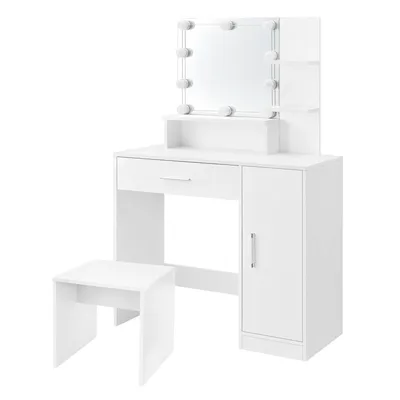 Produktbild von ML-Design Schminktisch Weiß mit Hocker, Frisiertisch mit LED-Beleuchtung, Spiegel, mit 1 Schublade, 3 Fächer & Schrank, 90x38x137 cm, aus MDF Holz