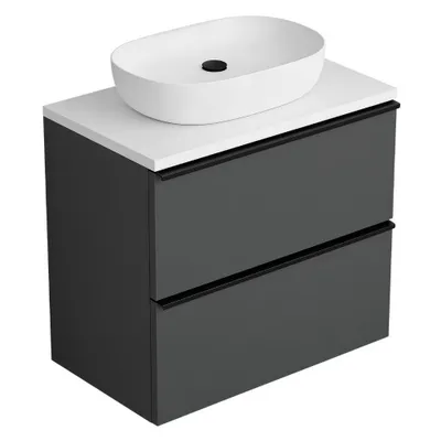 Obrázok produktu pre Závesná kúpeľňová skrinka ONE 60 cm s doskou 2 veľké zásuvky Antracit biely lesk čierne úchytky