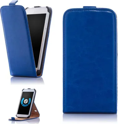 A collage of a blue flip-style phone case for a Sony Xperia Z1 Compact, showing it closed, open, and standing up.