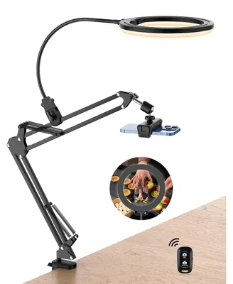 Immagine prodotto di Luce ad anello con treppiede - 25 cm - LED - 3 colori e 10 livelli di luminosità - Supporto per telefono con braccio flessibile