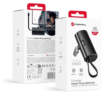 Obrázok produktu pre FORCELL F-ENERGY Power Plug F5K3 Powerbank 5 000 mAh s integrovaným konektorom vhodným pre Lightning 8-PIN PD 20W čierna
