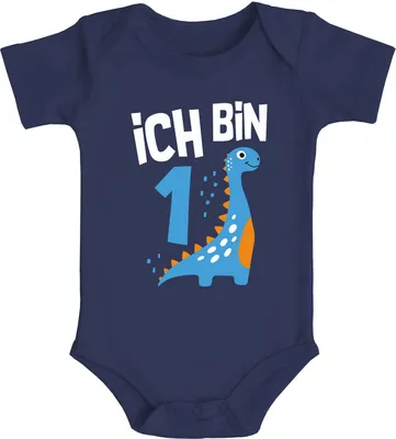 Produktbild von Babybody erster Geburtstag Spruch Ich bin 1 Dinosaurier Dino kurzarm Body Baumwolle Moonworks® navy 0-3 Monate