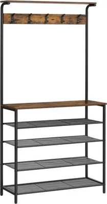 Produktbild von Hoppa! | Garderobenständer | 5 Doppelhaken | 5-Ebenen Schuhregal | Vintage Braun-Schwarz | 80 x 31,5 x 174 cm (B x D x H)