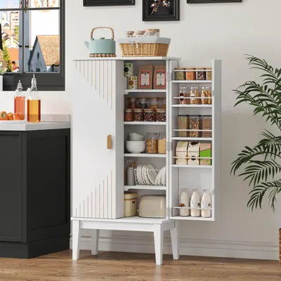 Immagine prodotto di Merax Mobile da cucina Sideboard con 2 ante e 5 scomparti, mobile alto in stile vintage in MDF, mobile contenitore per cucina, sala da pranzo, corridoio, bianco