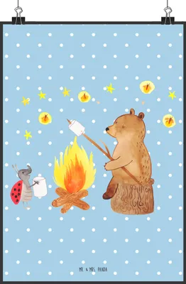 Produktbild von Mr. & Mrs. Panda Bild Bär & Marienkäfer Lagerfeuer DIN A0 - Blau Pastell - Geschenk, Teddy, kunstdruck poster, drucke, Wandbild, wanddeko