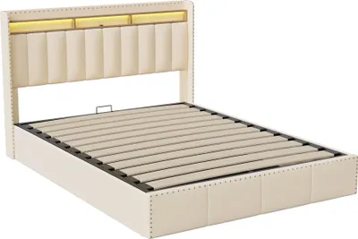 Obrázek produktu pro CDGlobal čalouněná postel 140x200cm s USB, postel s úložným prostorem a lamelovým roštem, manželská postel s led /Type-C a úložným čelem, úložná postel pro mladé, povlečení, béžová barva