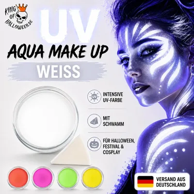 Produktbild von Premium Aquaschminke UV Weiß 14 g mit passendem Schminkschwamm – wasseraktivierbare Gesichtsfarbe mit hoher Deckkraft für Halloween Make-up, Karneval, Fasching, Cosplay, Theater, Bühne, Gothic Look, Totenkopf, Skelett, Zombie, Hexe, Vampir, Teufel, Horror