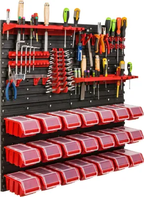 Produktbild von Lagersystem Werkstattregal | 78 x 78 cm | 21 stck. Box | Wandregal mit Werkzeughalterungen und Stapelboxen - Wandplatten Extra Starke Schüttenregal Warkzeuglochwand Lagerregal Garage Regal