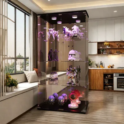 Produktbild von UnboxG Glasvitrine Standvitrine mit LED in Weiß, 163,9x36.49x08,49 CM Modern Glas Vitrine Schwarz Holzbrett mit Böden aus für Sammlerstücke Bücher Wein