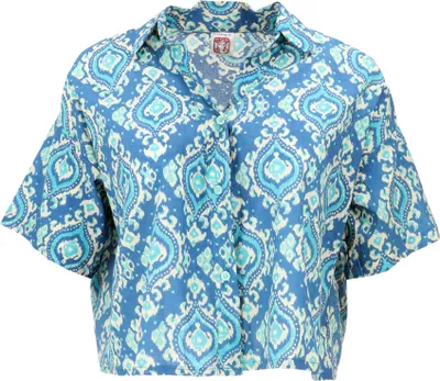 Produktbild von Boho Blusentop, Basic Kurzarmbluse, Weite Sommerbluse - Blau/weiß, Damen, Baumwolle, Blusen & Tunikas