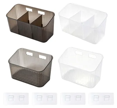 Aufbewahrungskorb-Set 4er, selbstklebend, transparent grau/weiß