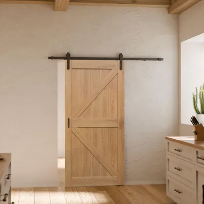 Produktbild von inova Holzschiebetür 1025 x 2150 mm, Scheunentor Eiche, Komplettset mit schwarzem Beschlag, Softclose beidseitig