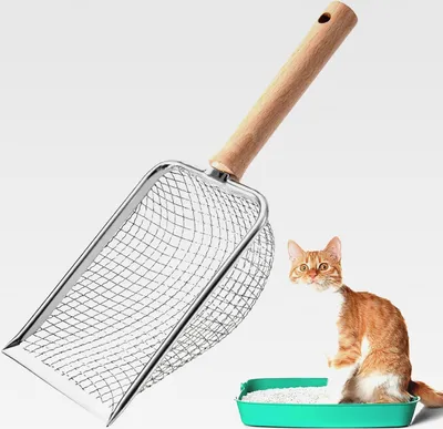 Produktbild von Katzenklo Schaufel Metall, Edelstahl Katzenstreuschaufel mit Langer Holzgriff, Schaufel Katzenklo für Katzentoilette, Katzenschaufel für Katzenklo,Katzenstreu Schaufel für alle Katzenstreu