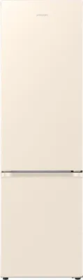 A front view of a cream-colored refrigerator.