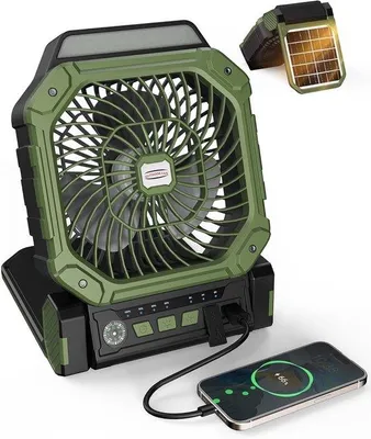 Produktbild von Solarbetriebener Ventilator mit 4 Standen und 3 LED-Lampe - mit Fernbedienung und Timer (2/4/8h) - USB-C/Solarenergie - kompakter Camping-Design - grün
