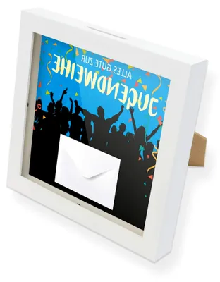 Produktbild von Geldgeschenk Spardose zur Jugendweihe Gutschein Bilderrahmen zum Befüllen Geschenkverpackung Unisex, inkl. Einleger und Briefumschlag zum Dekorieren, Weiß
