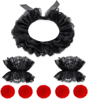 Produktbild von Halskrause mit Manschetten, schwarzes Clowndesign, 5 rote Pompons, für Halloween