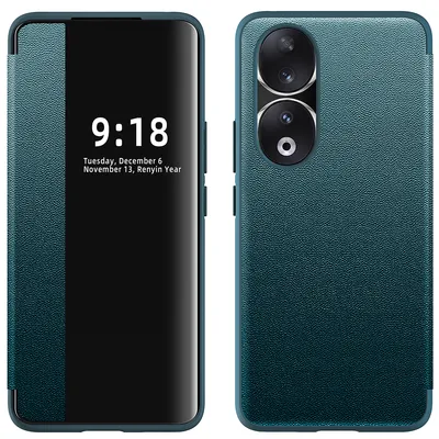Obrázek produktu pro Pouzdro pro Honor 90 tenkéPolyuretankožené klopové pouzdro s okénkem pro zobrazení zelené