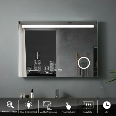 Produktbild von Badspiegel 80 x 60 cm  mit Beleuchtung LED Rechteckig Badezimmer Badezimmerspiegel Wandspiegel mit Touchschalter 3 Lichtfarben Dimmbar