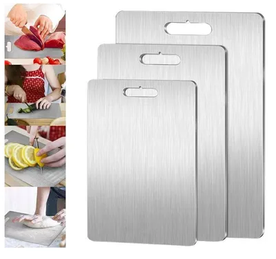 Produktbild von 3er Set Titan Edelstahl Schneidebretter, beidseitig nutzbar, 1,5 mm robust, mit Aufhängeloch, für Küche, Camping, Grillen und Meal Prep