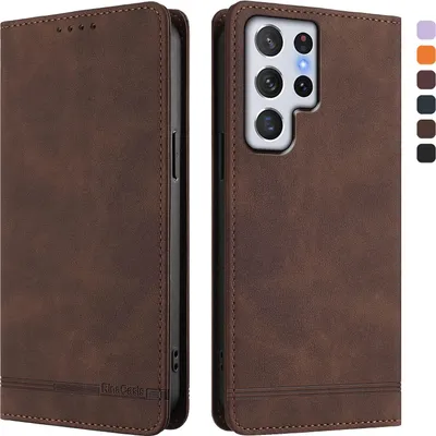 Image de Etui pour Samsung Galaxy S22 Ultra 5G, étui rétro en cuirPolyuréthaneavec support et fentes pour cartes de crédit Marron