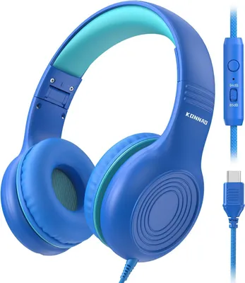 A pair of blue headphones with a teal headband and a USB-C connector is shown against a white background.