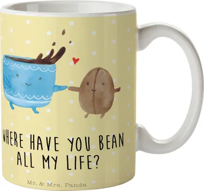 Produktbild von Mr. & Mrs. Panda Becher Kaffee Bohne - Gelb Pastell - Geschenk, Pott, cappuccinotasse, Kaffeebohne, Lustige Sprüche, Zufriedenheit, Kaffeetasse, Teetasse, Tasse, Genuss
