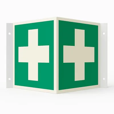 Produktbild von Winkelschild/Nasenschild Erste Hilfe Schild ISO 7010, langnachleuchtend nach DIN 67510-1 Klasse C, 15x15cm