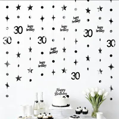 Immagine prodotto di Ghirlanda di stelle per il 30° compleanno, 14 metri di carta nera riflettente, 4 fili