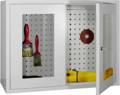 Produktbild von Stahl-Hängeschrank - 2 Sichtfenstertüren - Rückwand gelocht - 600x800x300 mm (HxBxT) - himmelblau/enzianblau