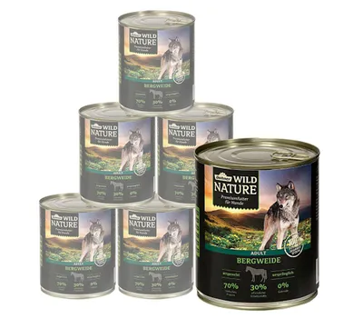 Produktbild von Dehner Wild Nature Hundefutter Bergweide, Nassfutter getreidefrei / zuckerfrei, für ausgewachsene Hunde, Pferd, 6 x 800 g Dose (4.8 kg)
