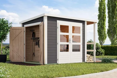 Produktbild von Karibu Gartenhaus Gerätehaus 28 mm Multifunktionshaus Pultdach mit Schrank und Anbaudach terragrau 297x203x209 cm